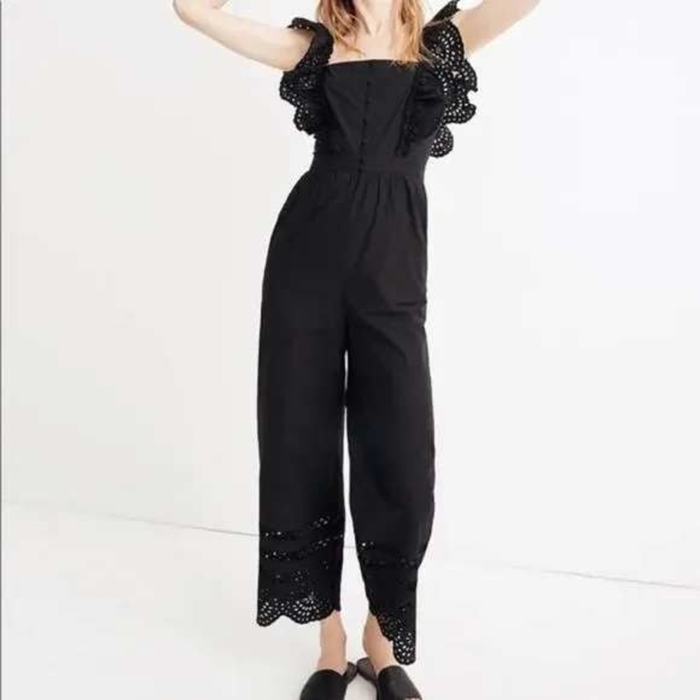 Madewell Frilled-Strap Black Eyelet Ruffle Jumpsuit Wide Leg Cropped Size 2 Boho